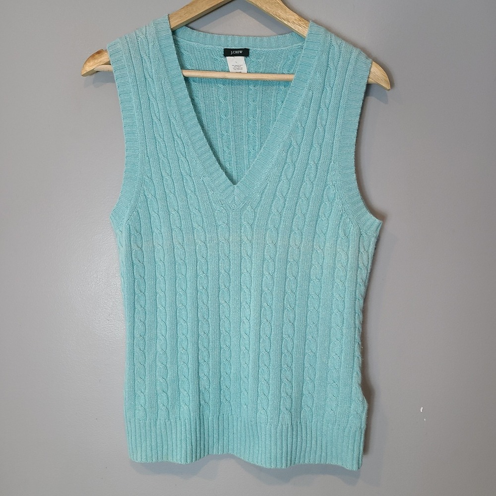 J Crew Women Sz Large Wool Angora Cashmere Cable Sweater Vest Aquamarine Vintage